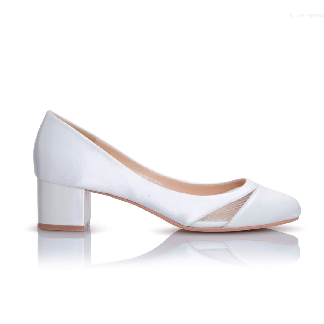 Emily ivory satin low block heel court shoes