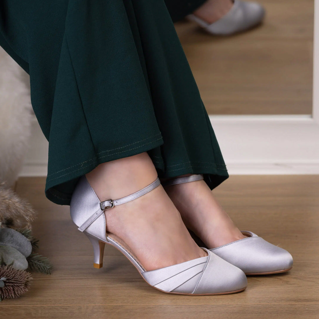 Everly round toe silver satin occasion shoes