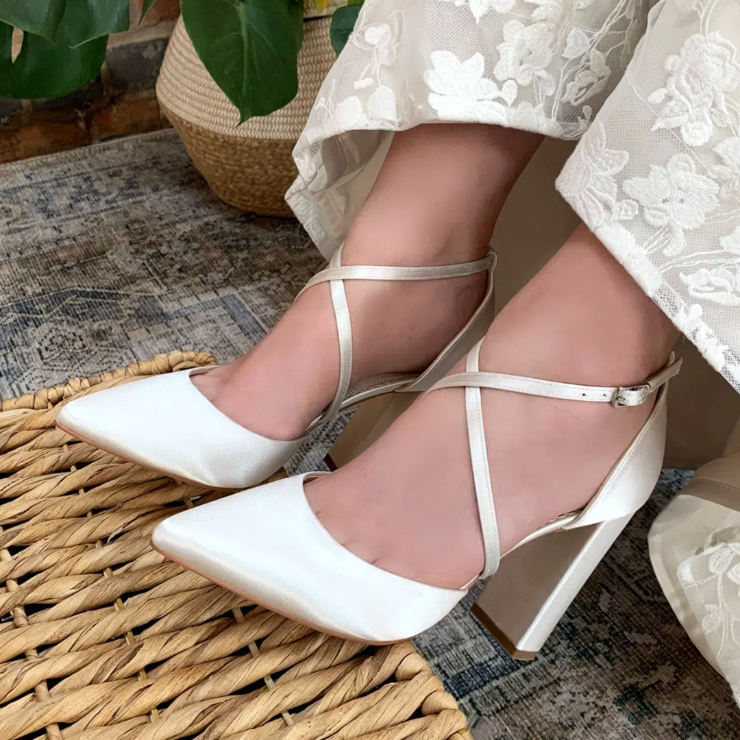 Keira crossover strap block heel wedding shoes