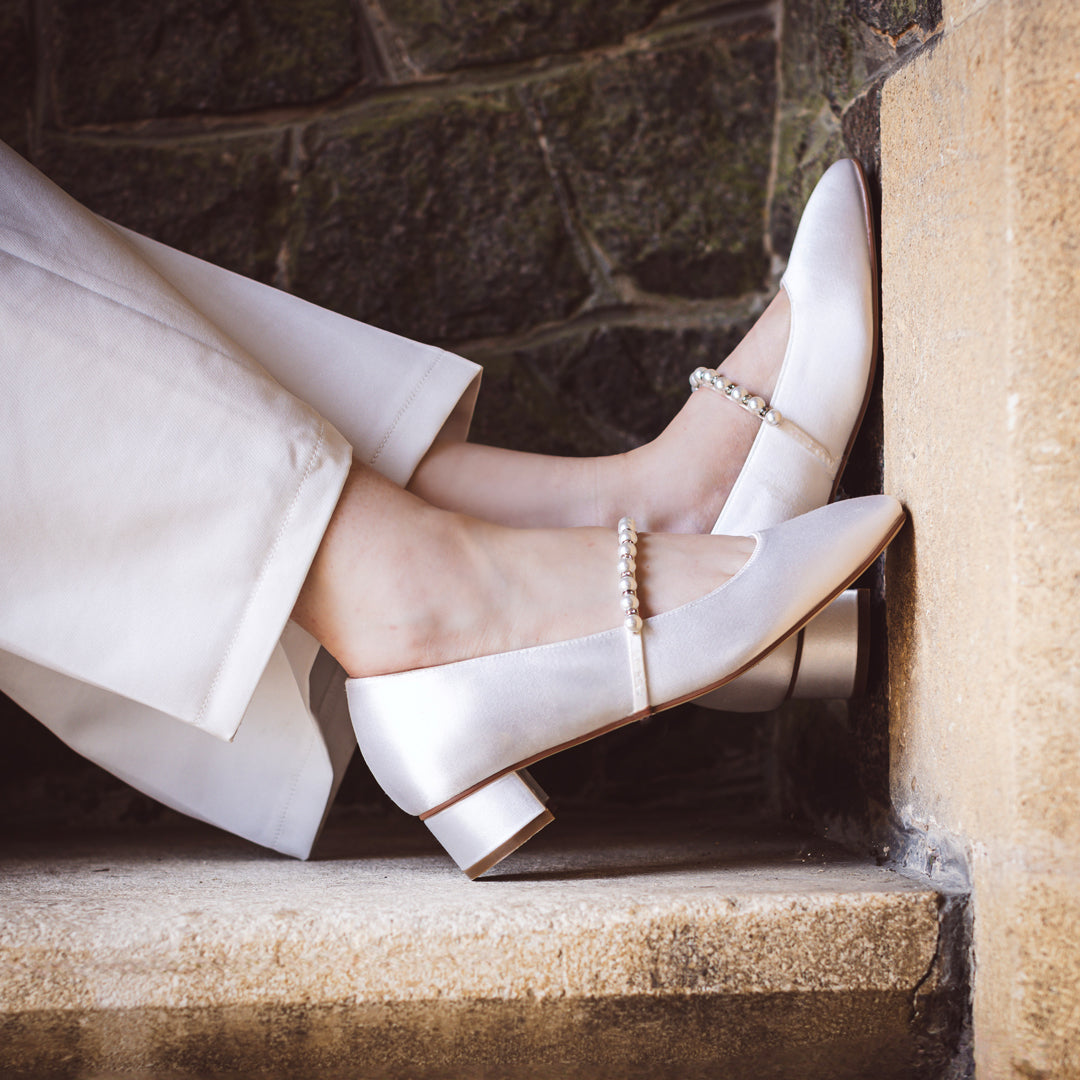 Kinsley square toe wedding shoes with pearl strap