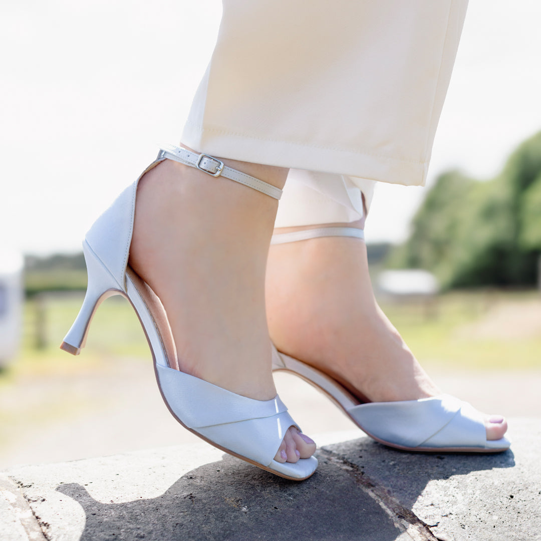 Misha blue satin square toe peep toes