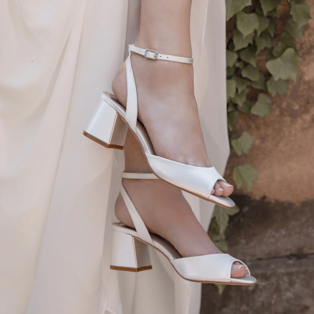 Ada block heel ivory satin sandals