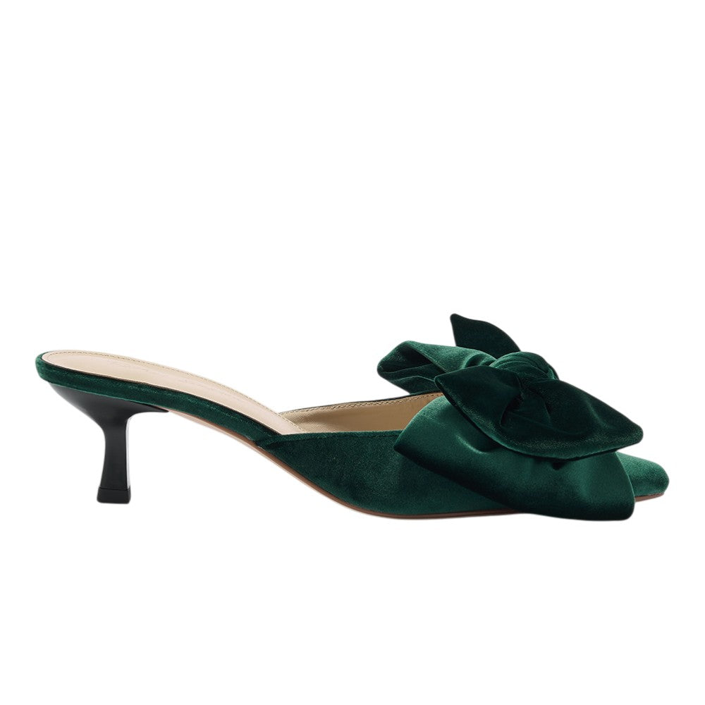 Renée forest green velvet bow kitten heel mules