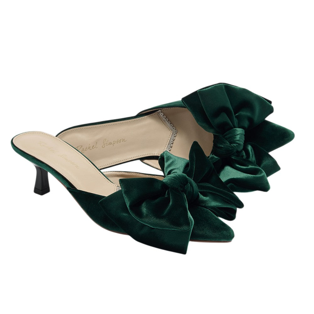 Renée forest green velvet bow kitten heel mules
