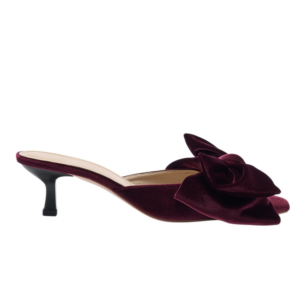 Renée burgundy velvet bow kitten heel mules
