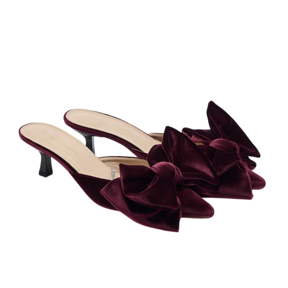 Renée burgundy velvet bow kitten heel mules