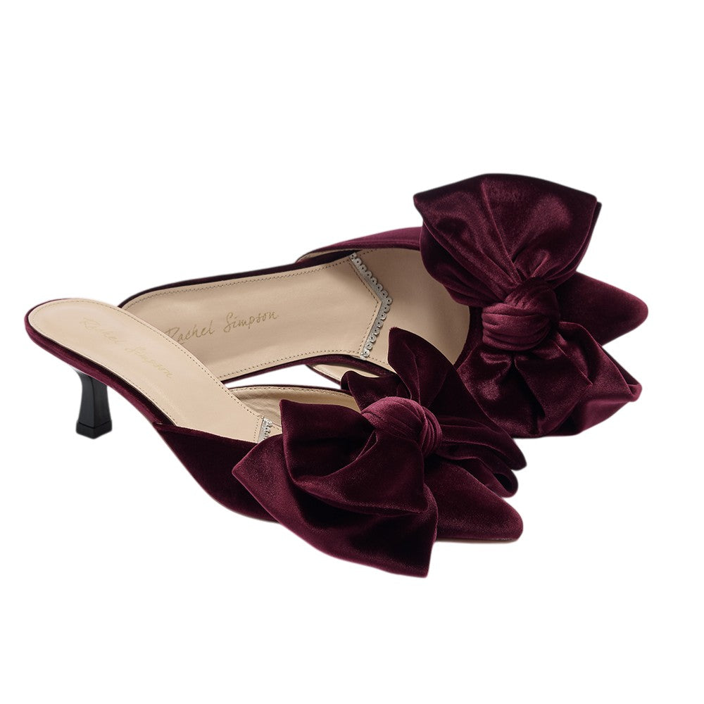 Renée burgundy velvet bow kitten heel mules