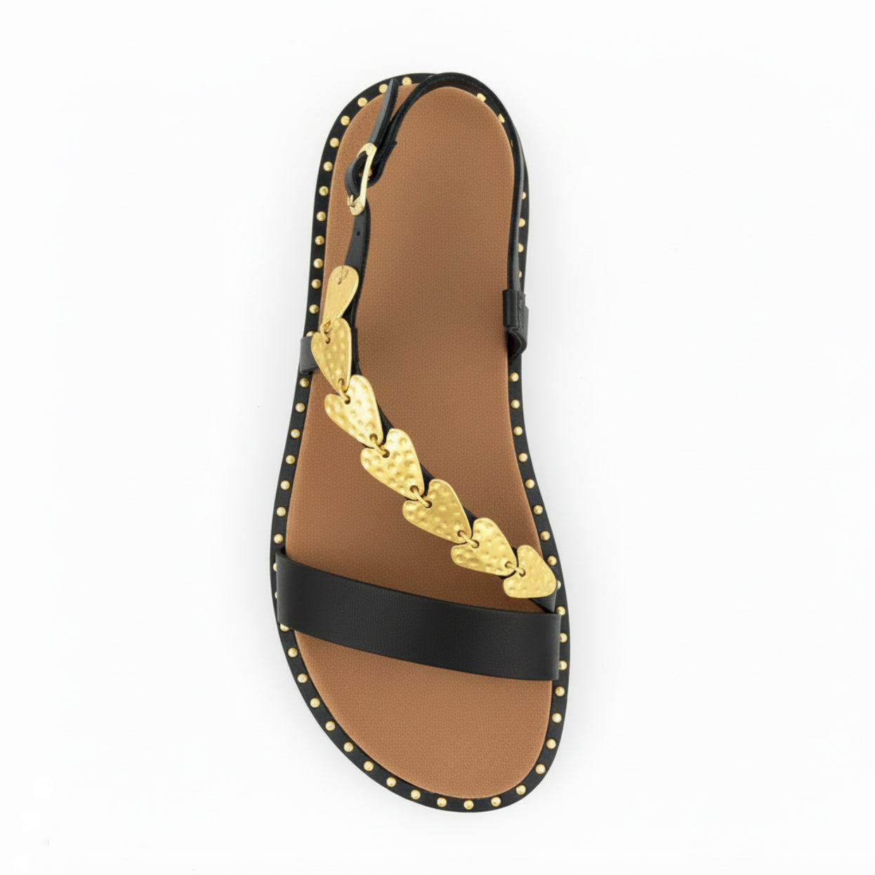 Rhea tan leather Greek sandals with gold hearts