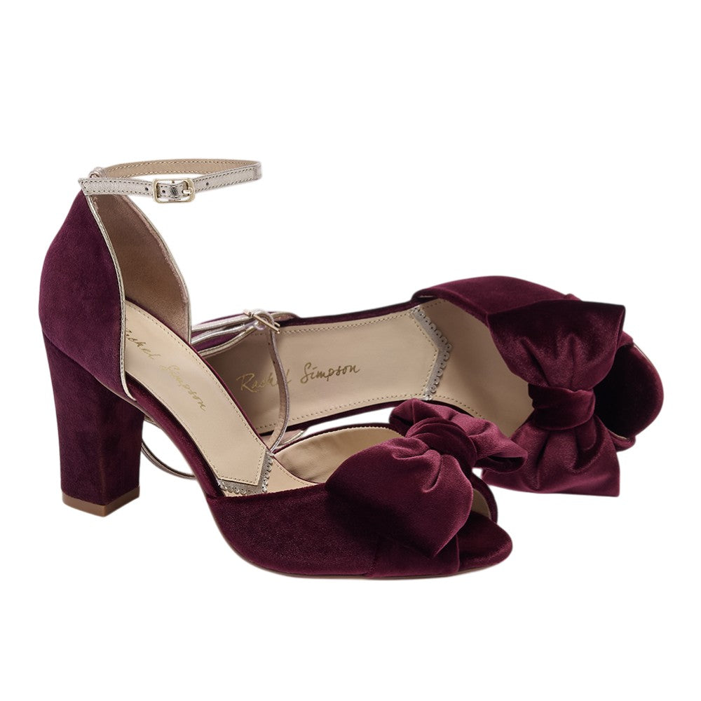 Romilly burgundy velvet block heel peep-toes