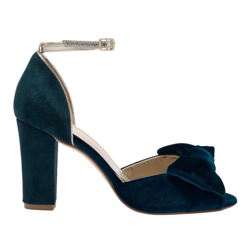 Romilly teal velvet block heel peep-toes
