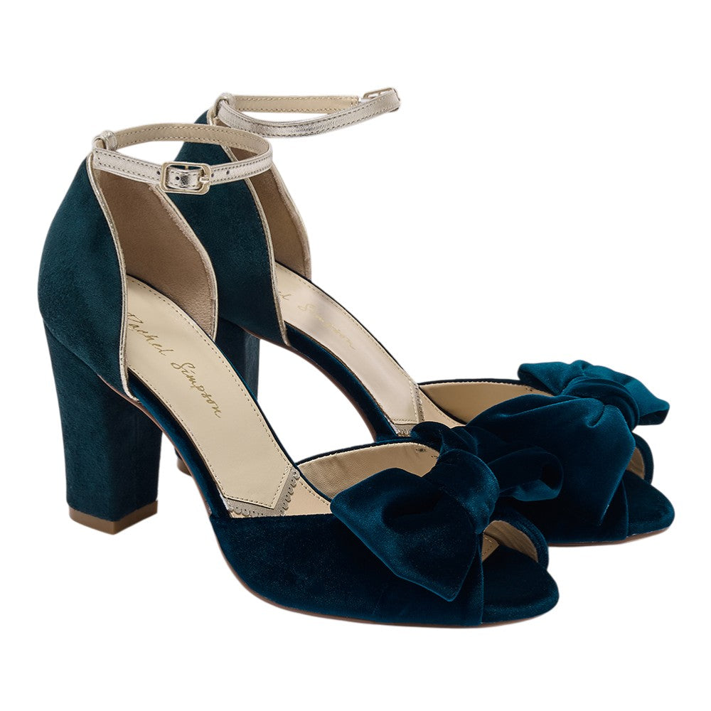 Romilly teal velvet block heel peep-toes