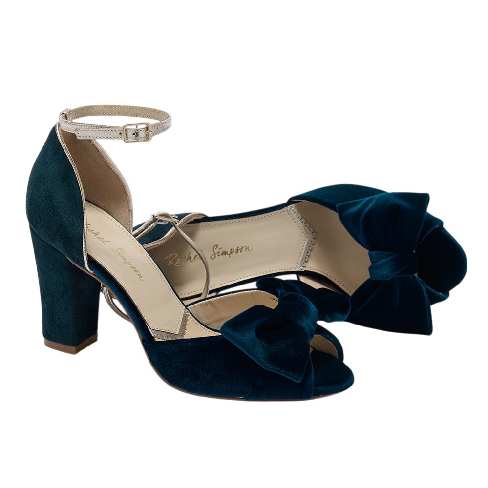 Romilly teal velvet block heel peep-toes