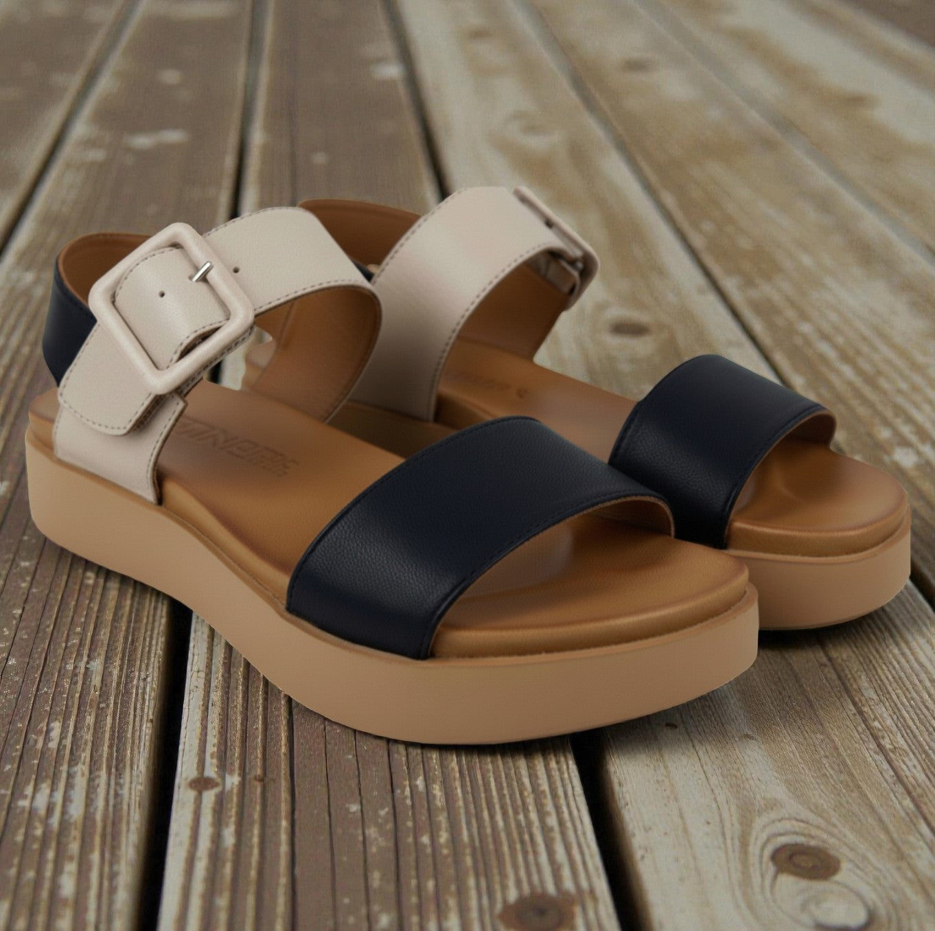 Sena black and grey leather wide strap platform sandal