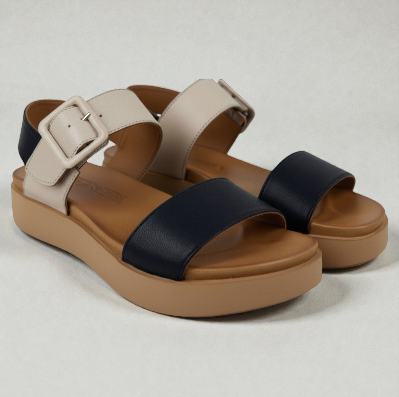 Sena black and grey leather wide strap platform sandal