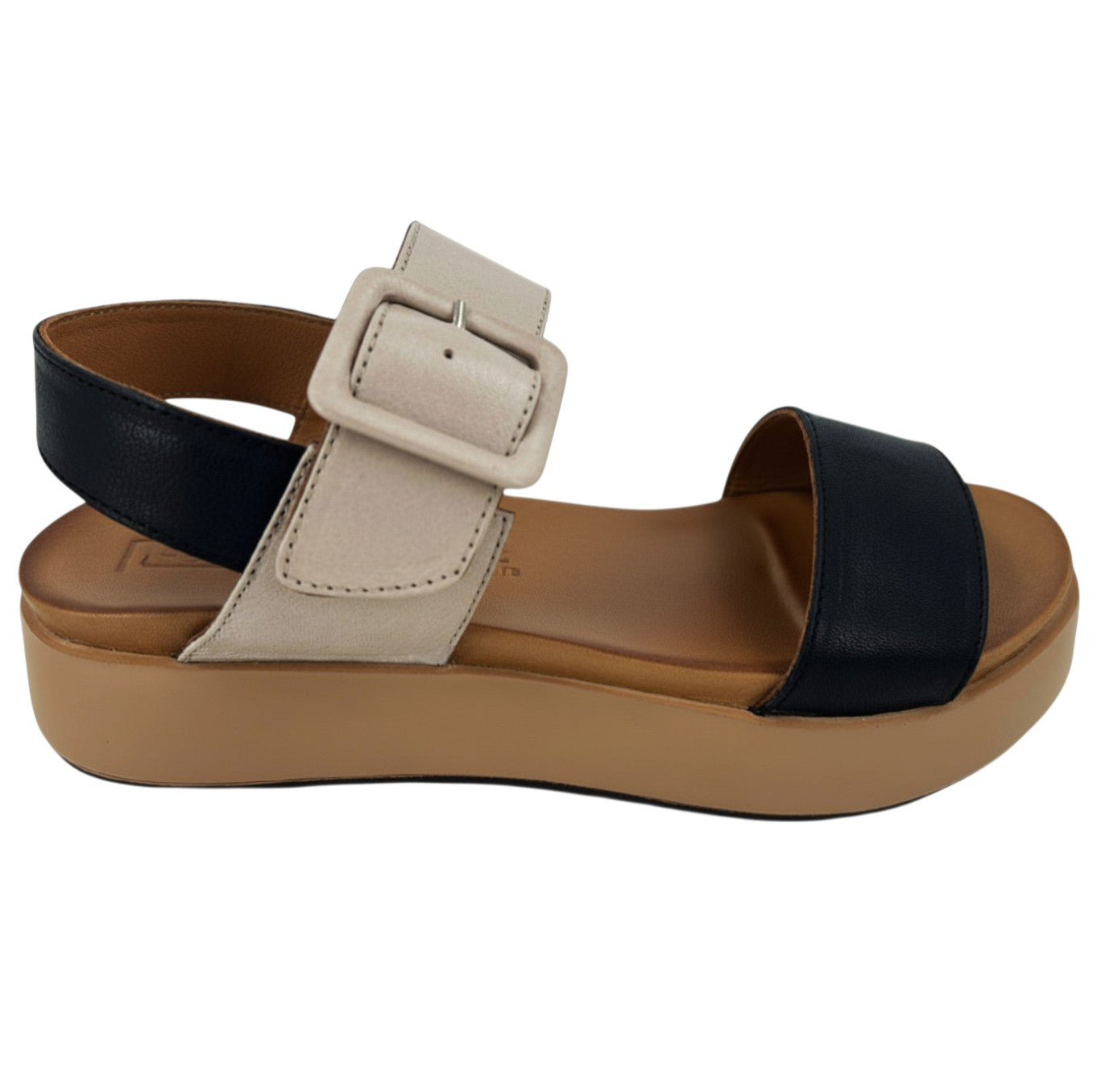 Sena black and grey leather wide strap platform sandal