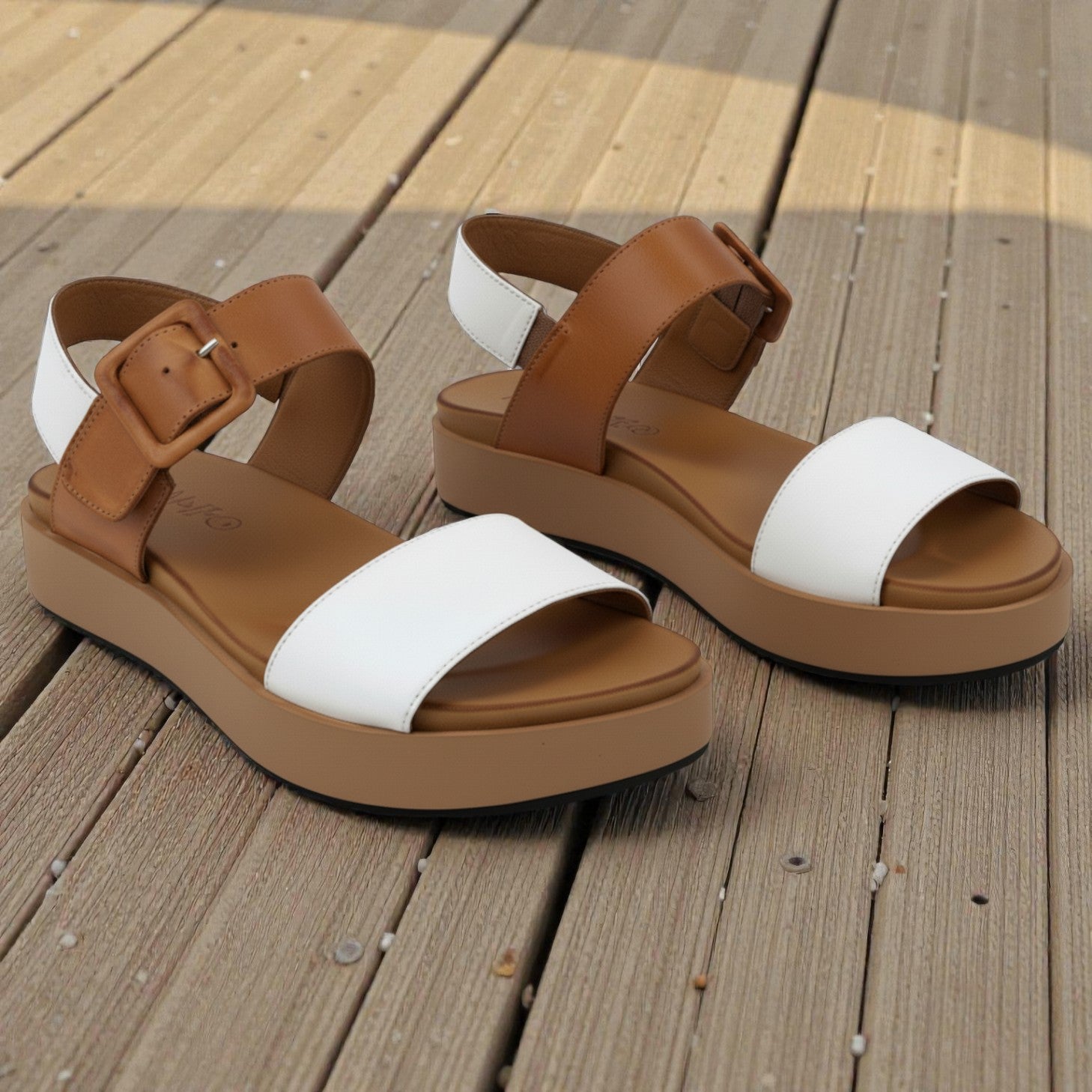 Sena white and tan leather wide strap platform sandal
