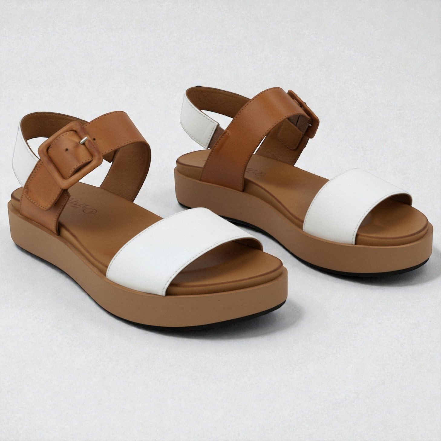 Sena white and tan leather wide strap platform sandal