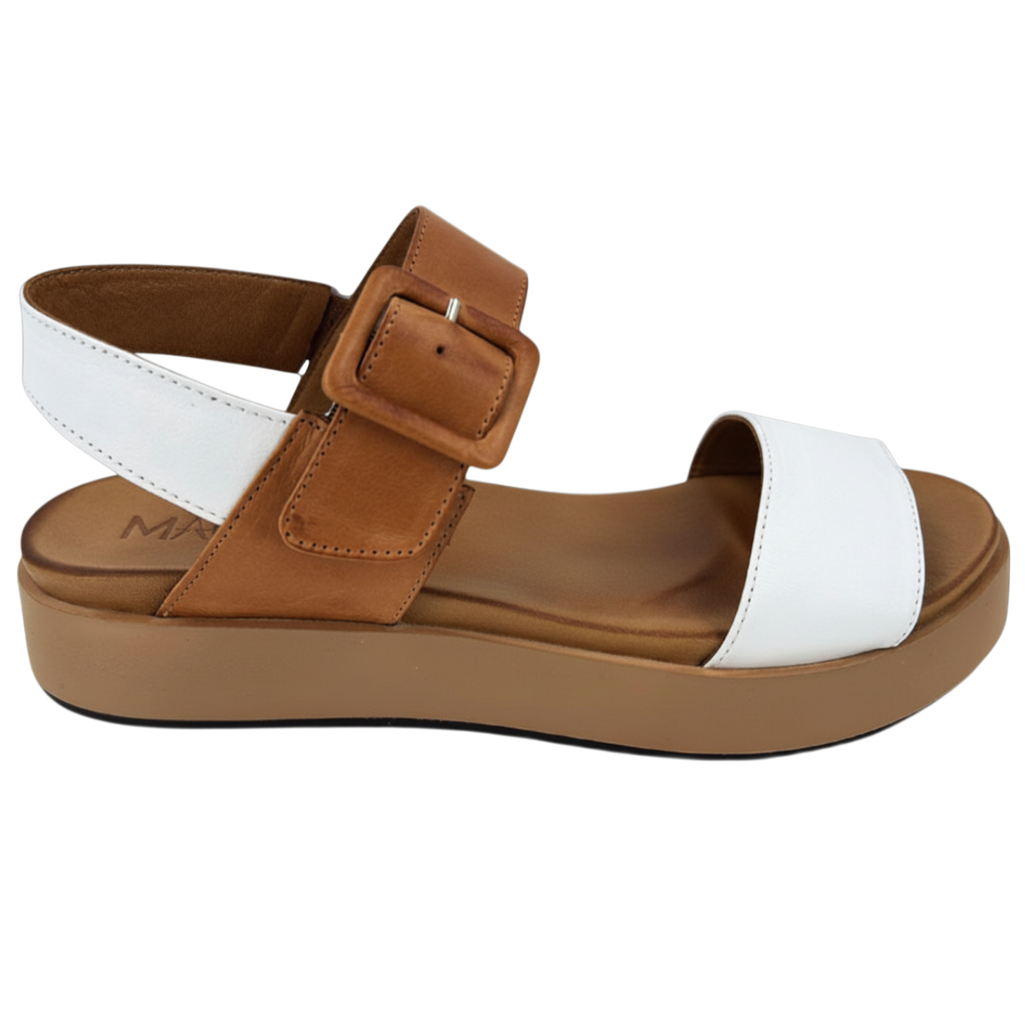 Sena white and tan leather wide strap platform sandal