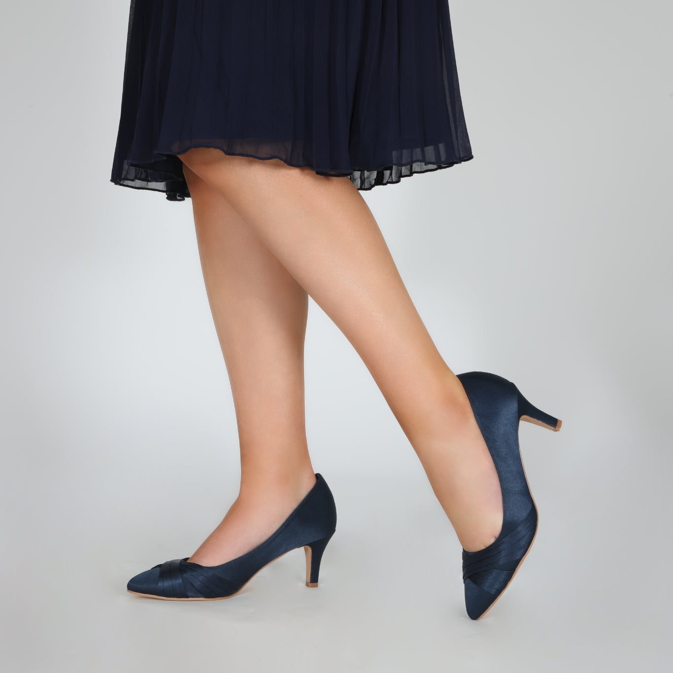 Sally navy pleated satin court shoe