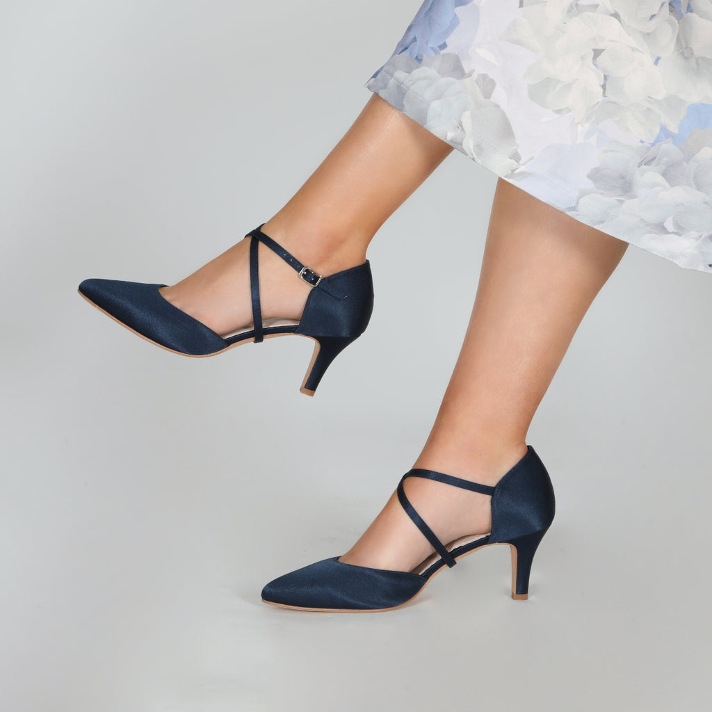 Sonya navy satin court shoe with crossover straps