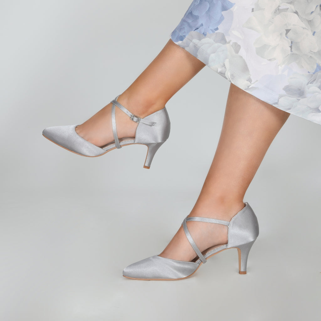 Sonya silver satin court shoe with crossover straps