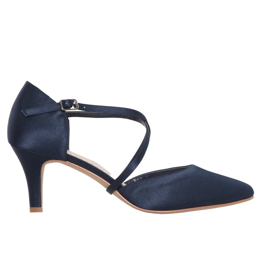 Sonya navy satin court shoe with crossover straps