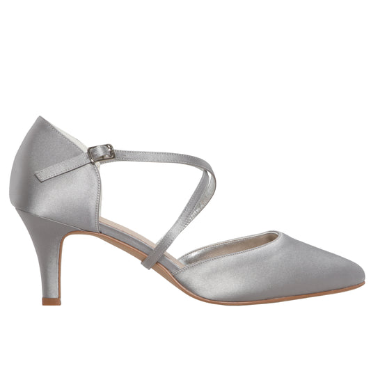 Sonya silver satin court shoe with crossover straps