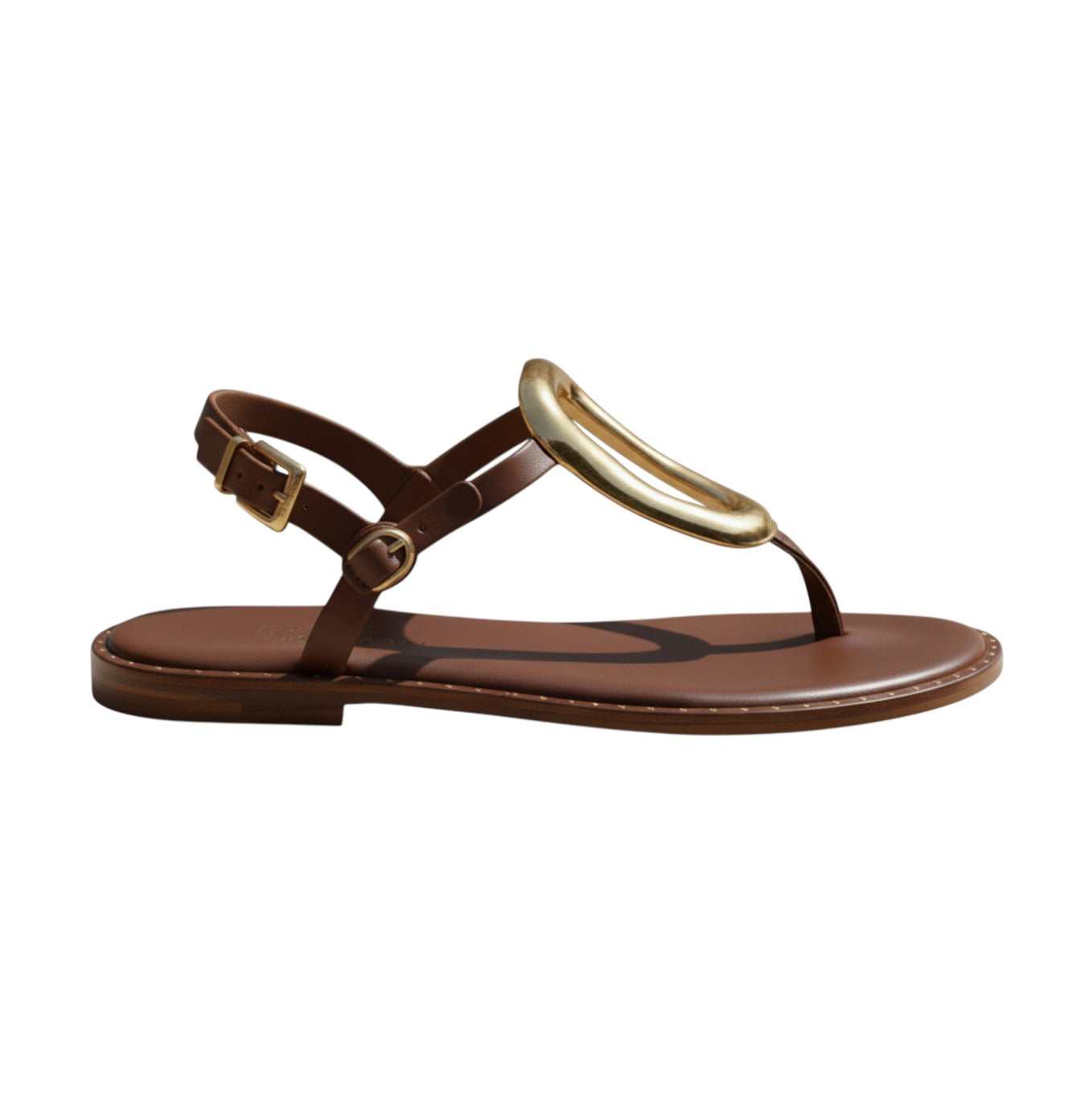 Thalia brown leather Greek sandal with statement gold loop