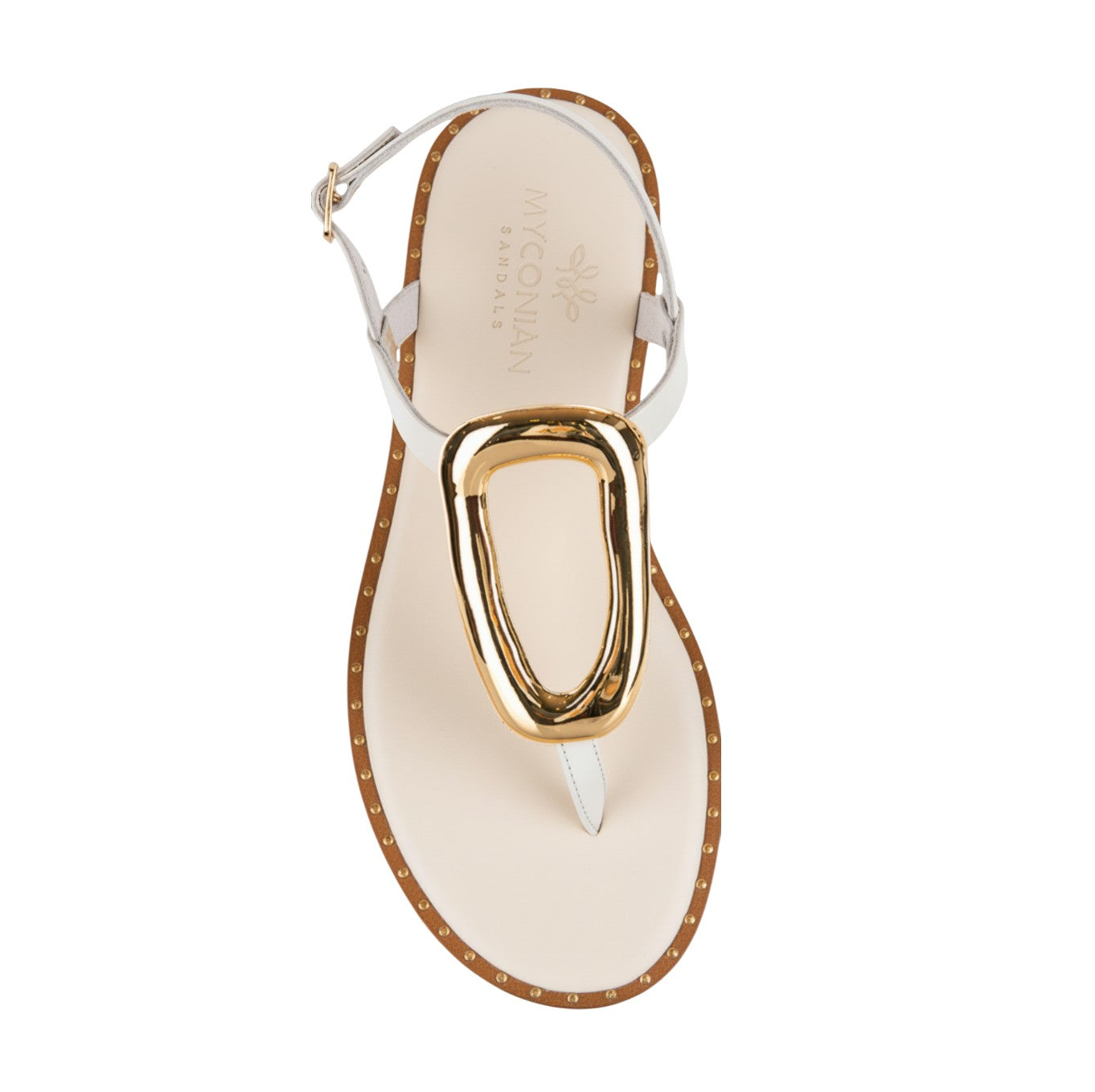 Thalia off-white leather Greek sandal with statement gold loop