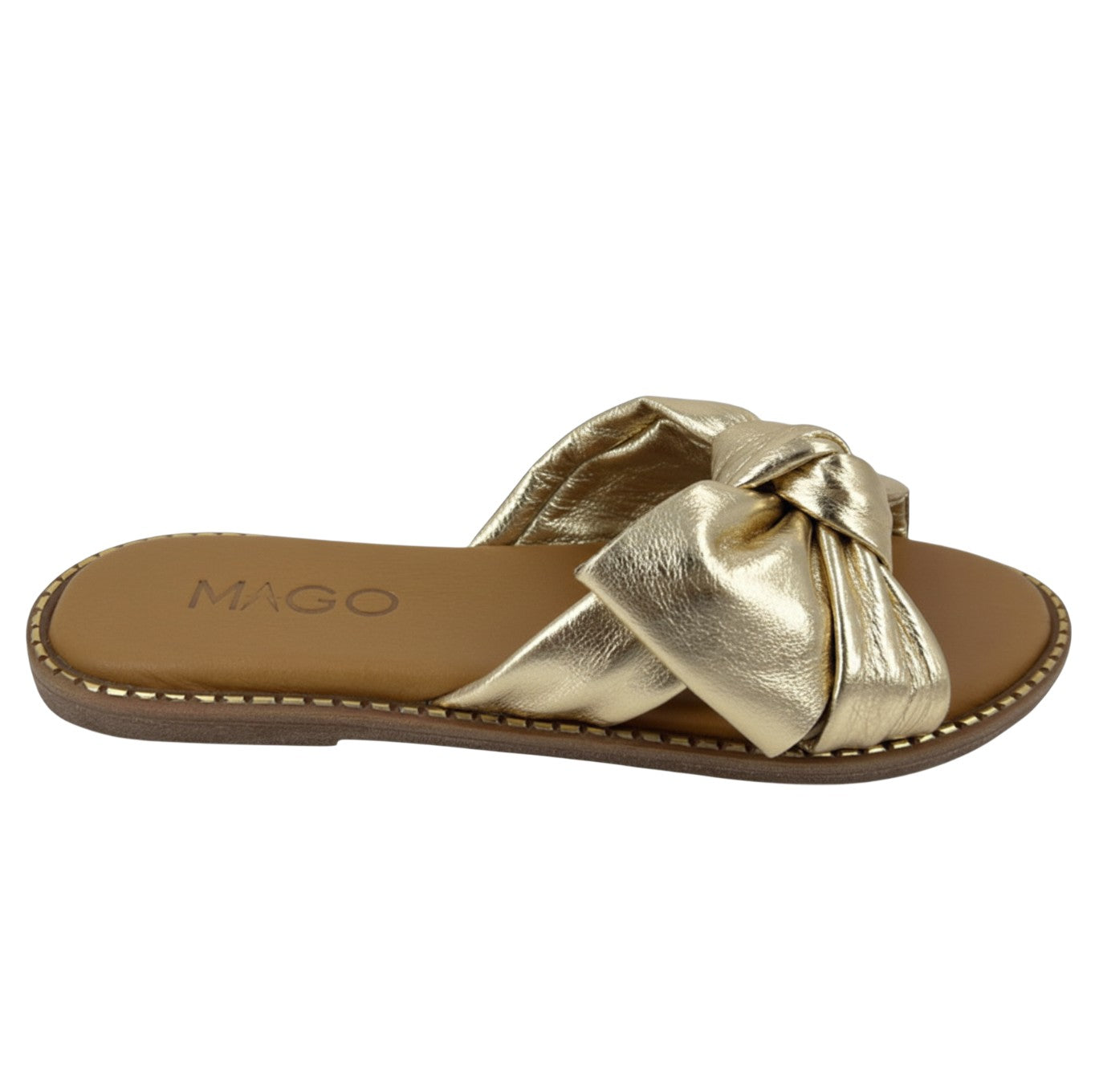 Yasmin gold leather flat sandal with knot detail