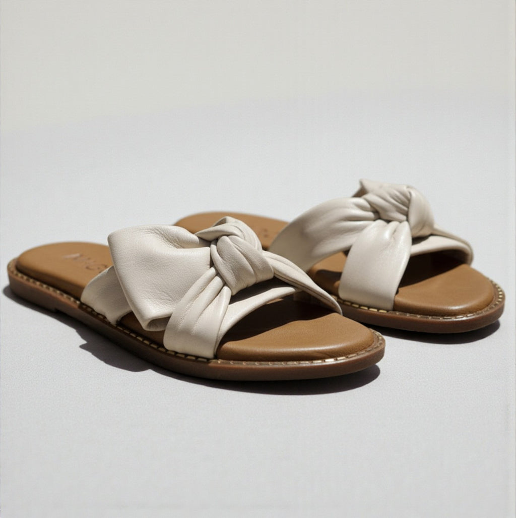 Yasmin off-white leather flat sandal with knot detail