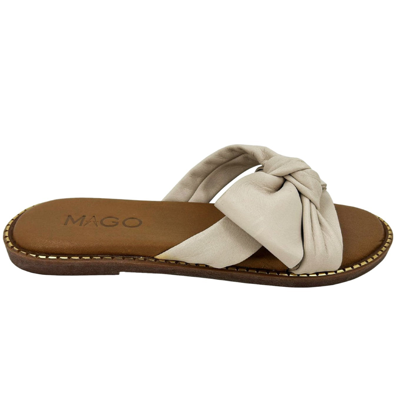 Yasmin off-white leather flat sandal with knot detail